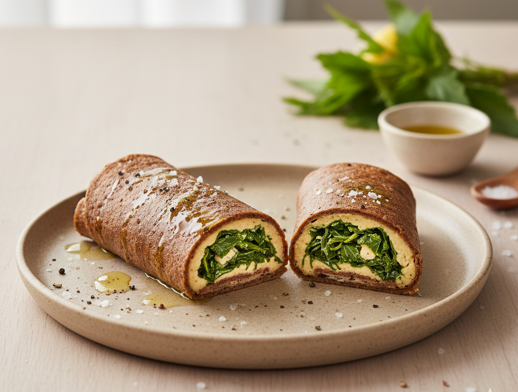 Roulé garni à la purée de houmous et légumes de saison